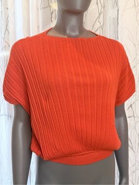 Weekend Max Mara Pleated Rib Knit Boatneck Short Sleeve Sweater Top Orange S